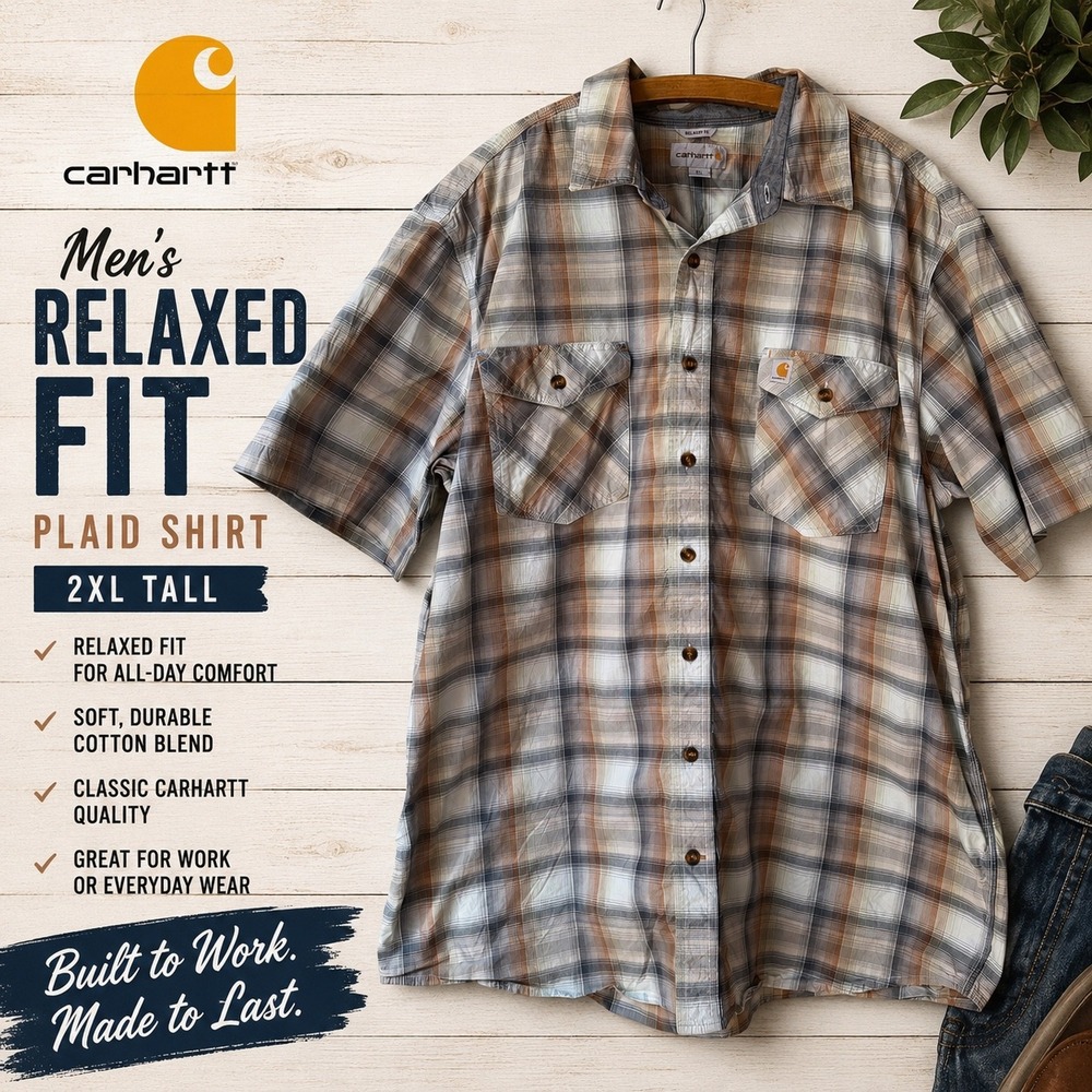 Carhartt Mens Relaxed Fit Plaid Short Sleeve Shirt 2XL Tall Brown Tan 104173 120